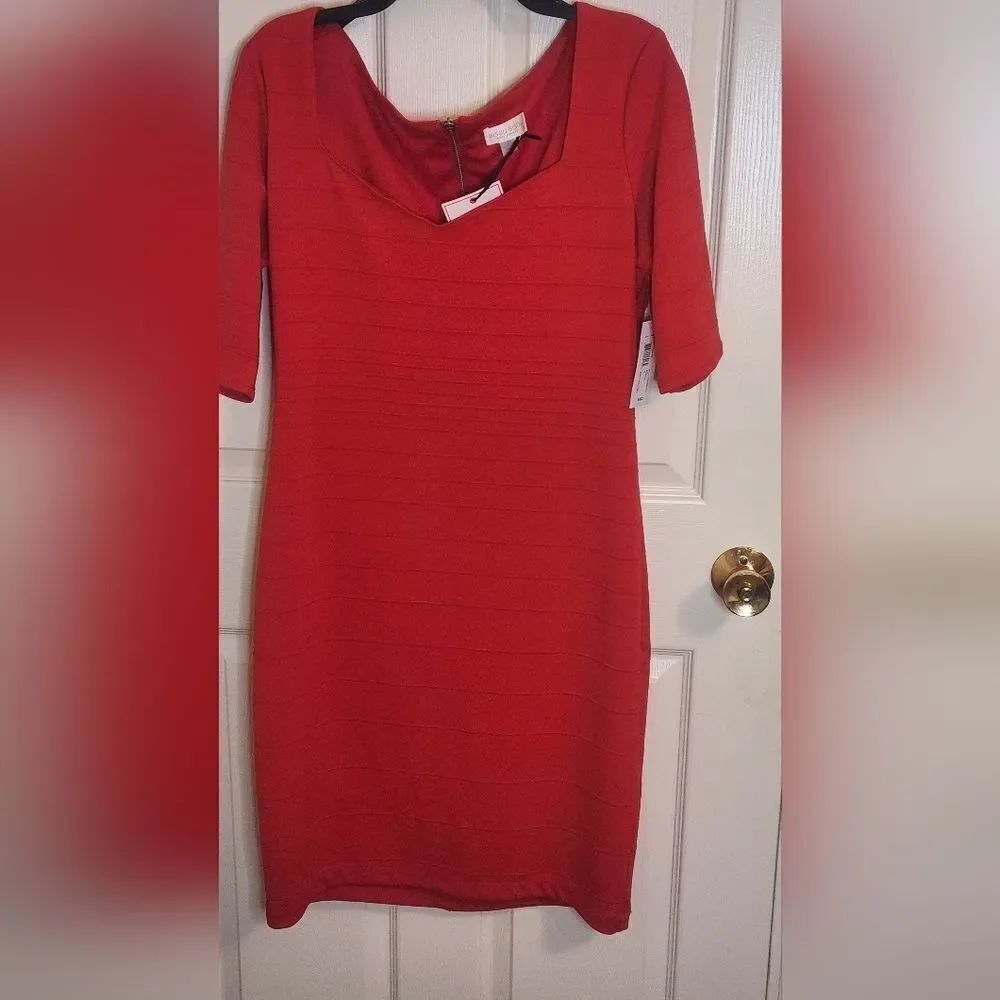 NWT Bisou Bisou Michele Bohbot 16 Red Shrtslv Lined Zipper Women’s Midi Dress